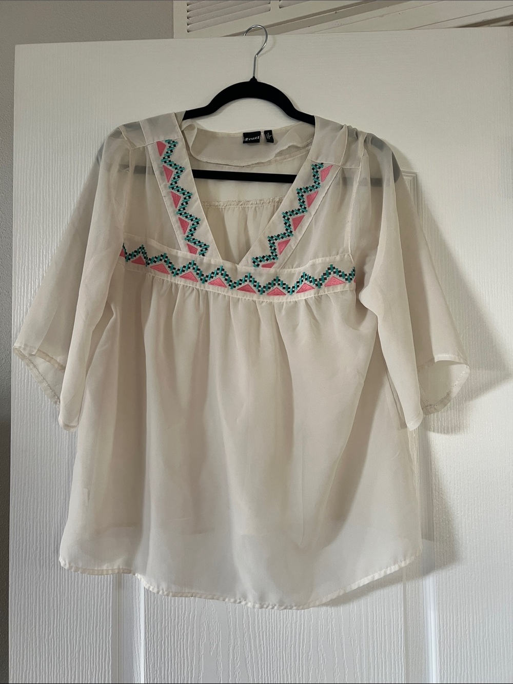 Cruel Girl Cream Boho Embroidered V-Neck Blouse with Pink and Teal Accents